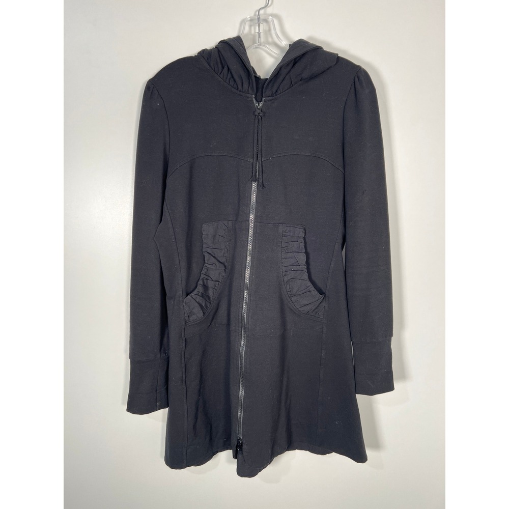 Katherine Barclay Black Ruffle Pocket Longline Zip Up‎ Hooded Jacket Medium